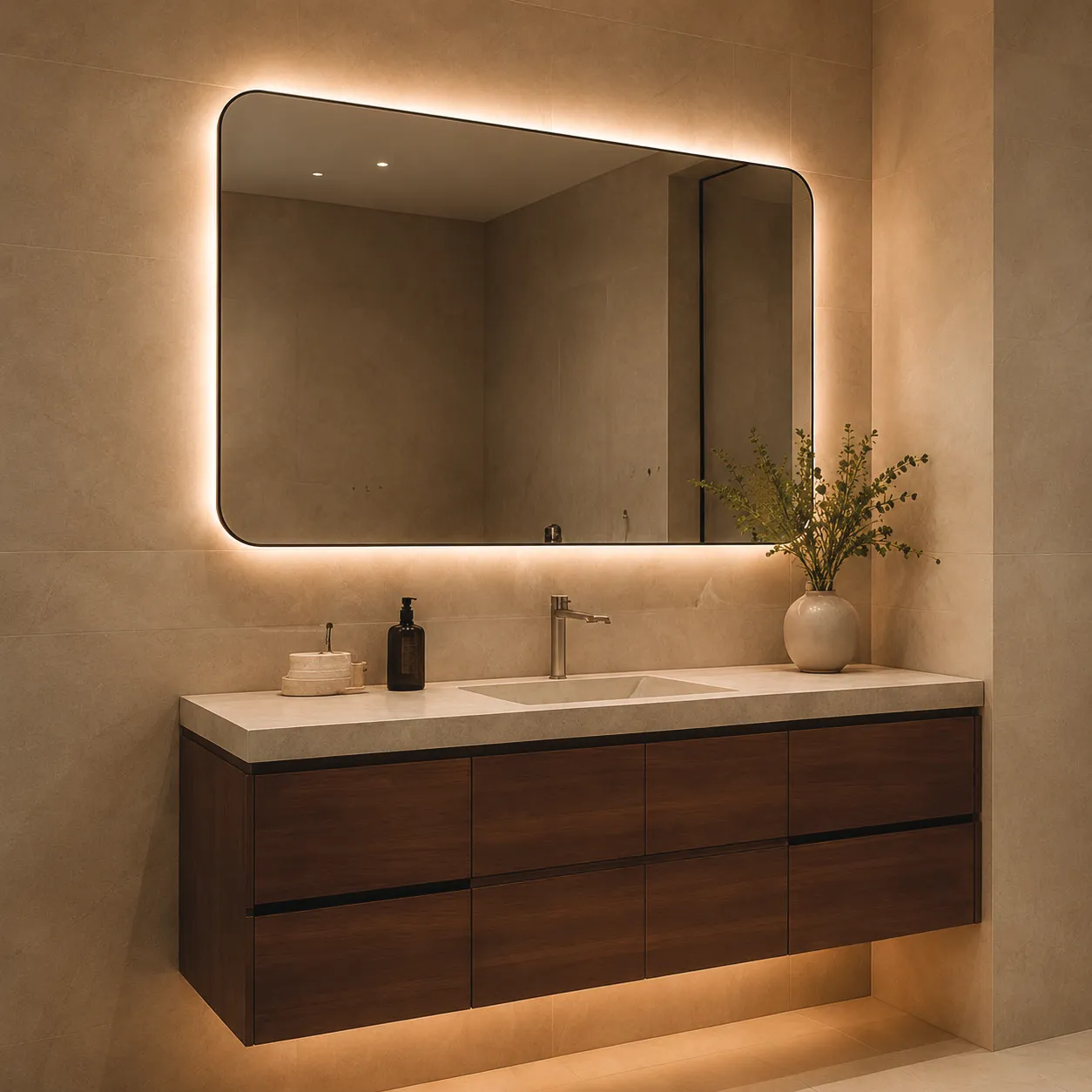 Floating walnut vanity with a backlit mirror