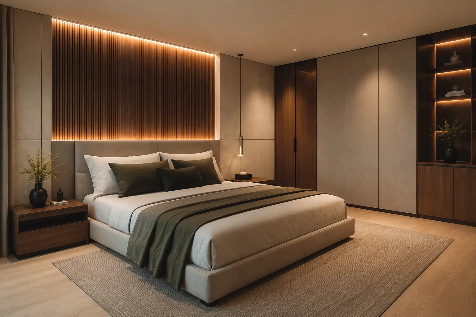 Bedroom with a fluted walnut headboard wall