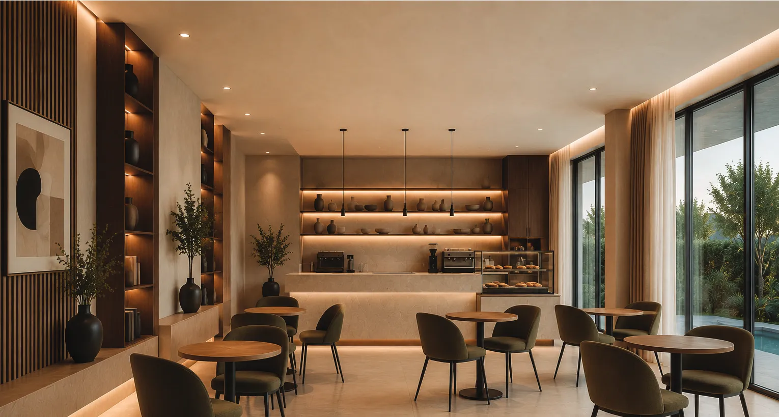 Café with walnut shelving and lounge seating