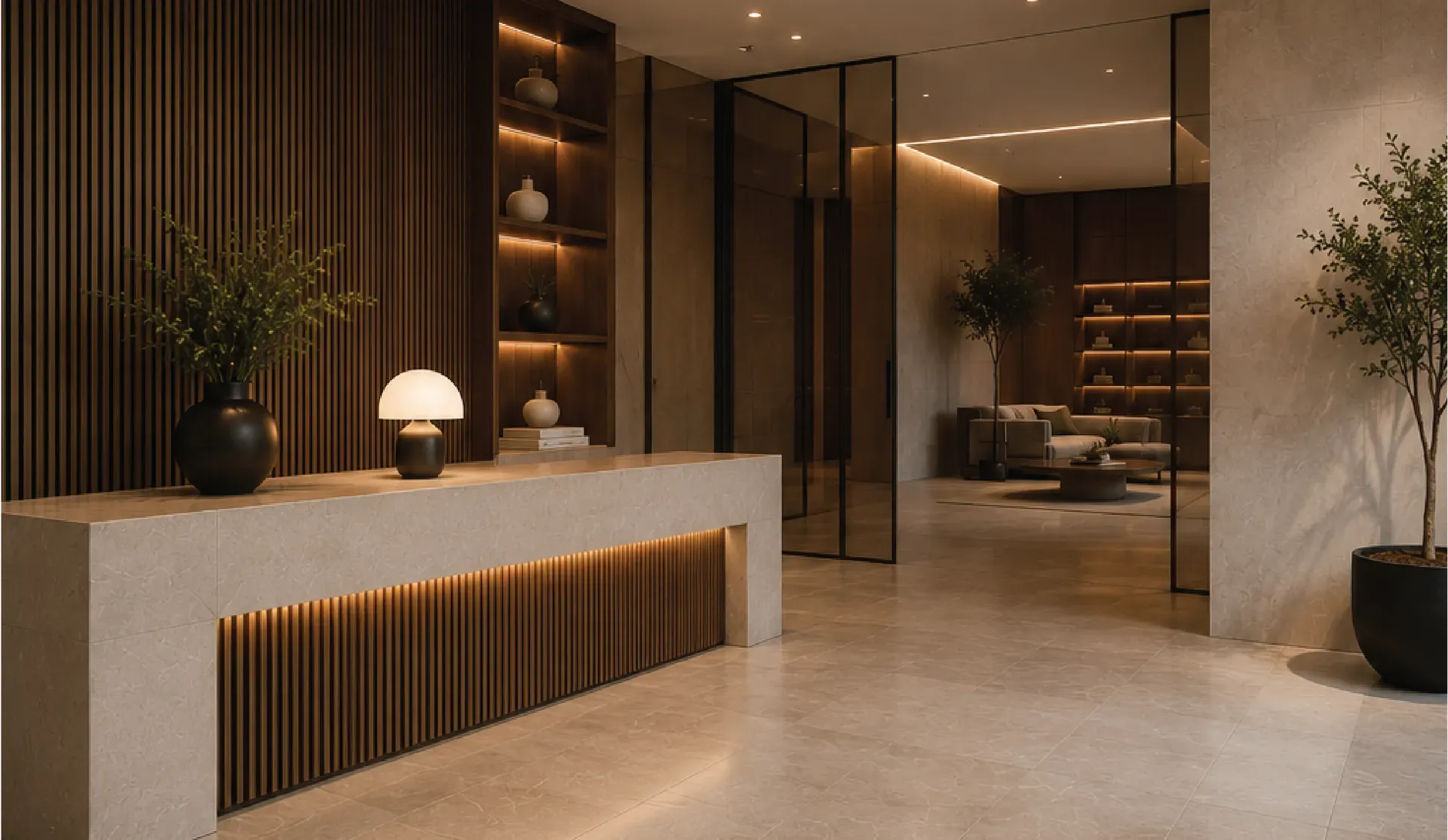 Reception with a stone counter, fluted base and walnut joinery