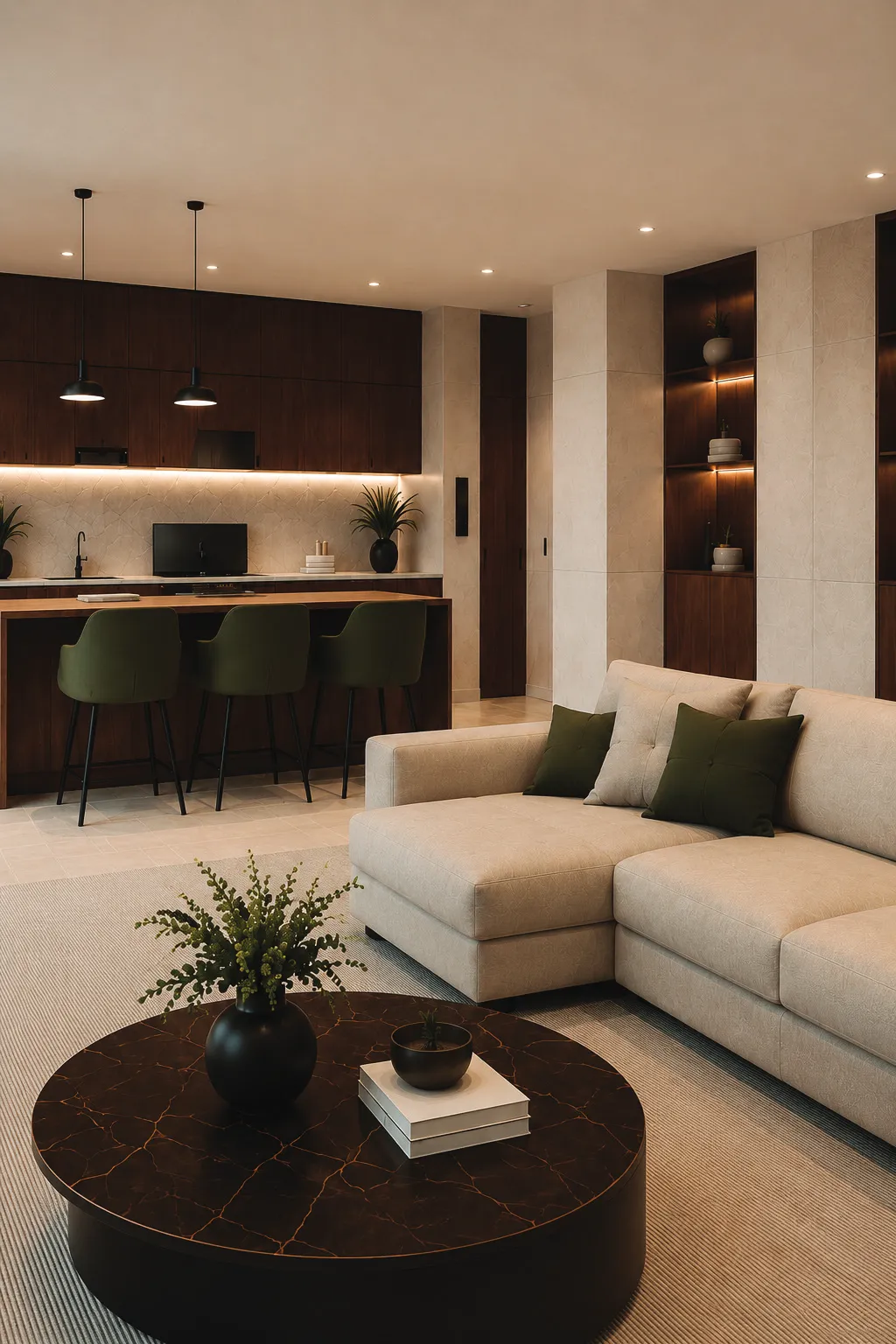 Kitchen and lounge with walnut cabinetry, island seating and a round coffee table