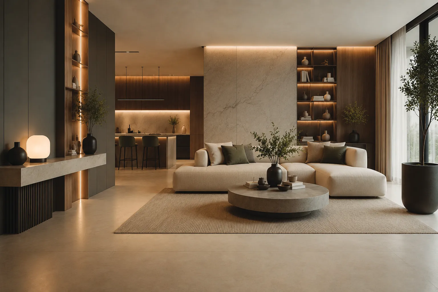 Open-plan living room with built-in shelving