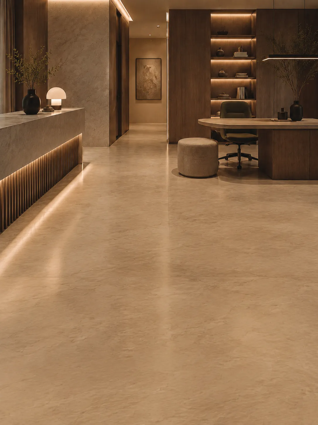 Office reception with walnut joinery, a stone counter and a lit display niche