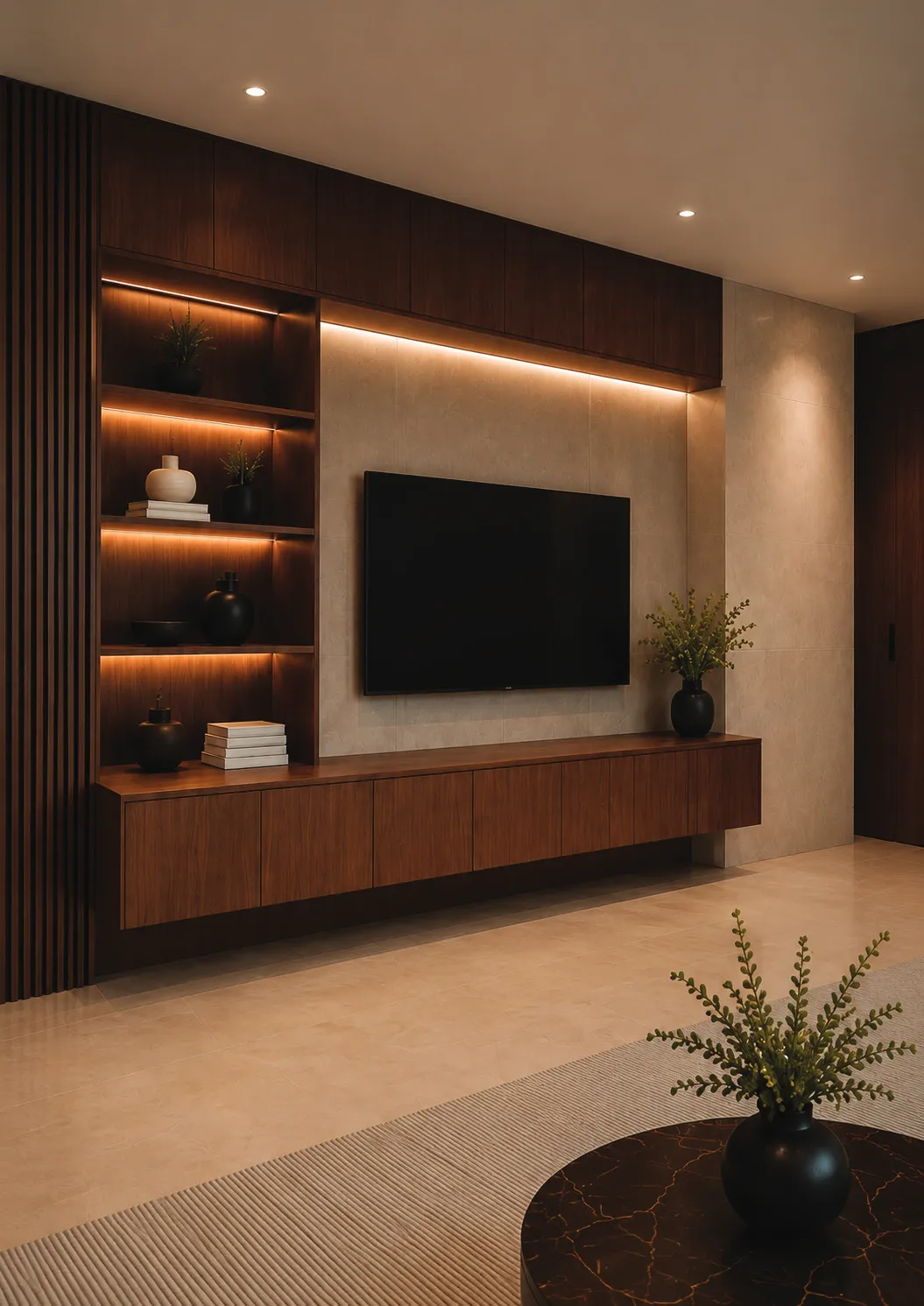 Custom walnut TV unit with lit display shelving