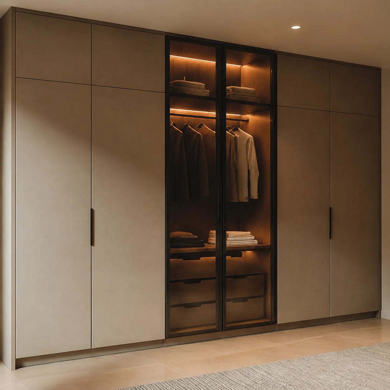 Built-in wardrobe with glass doors and internal lighting